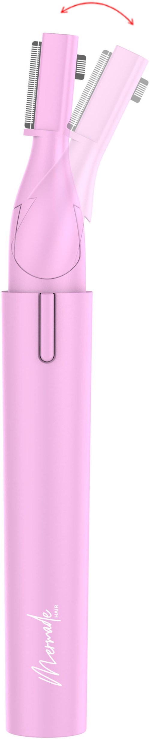 Pink electrical grooming device with rotating attachments for hair, eyebrows, and nose. Compact and battery operated.