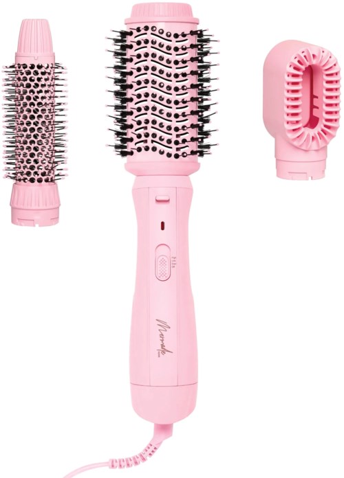 Eine pinke Haarbürste mit mehreren Aufsätzen, einschließlich einer runden Bürste und einer kleinen Bürste.