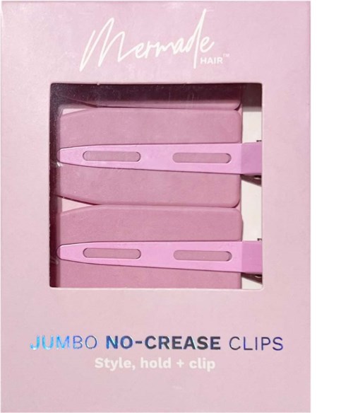 Pink hair clips in a box labeled 'Mermade Hair' and 'Jumbo No-Crease Clips'.