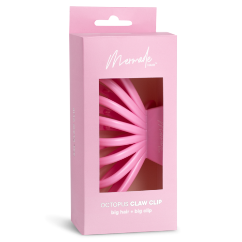 Pink box contains an octopus-shaped hair claw clip for big hair. The packaging is mostly pink with a clear window.