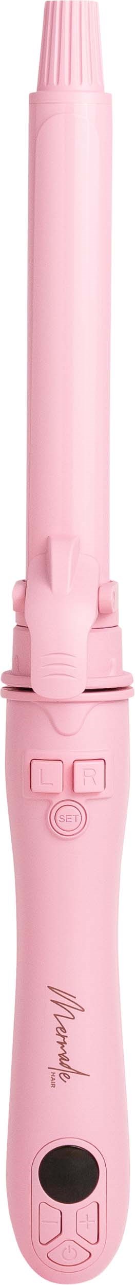 A pink curling iron with a grip handle, control buttons, and a clip. It is used to curl hair.