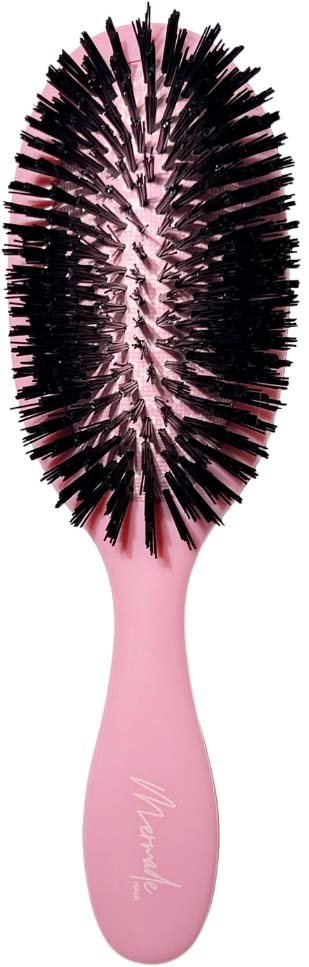 A pink hairbrush with black bristles, designed for grooming hair.