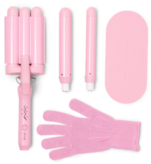 Pink hair styling tools, a glove, and a pad, all in pastel pink color.