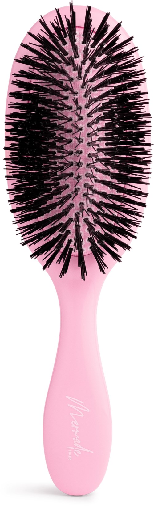 Pink hairbrush with black bristles and a rounded handle.