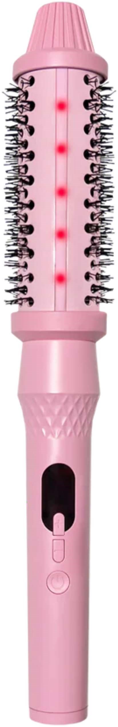 A pink heated hairbrush with bristles, a control button, and a light in the center.
