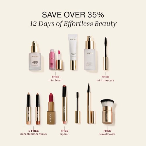 Kampanj för skönhetsprodukter med över 35 procents rabatt under 12 dagar, inklusive gratis rakstift, läppfärg, mini blush, mascara och reseborste.
