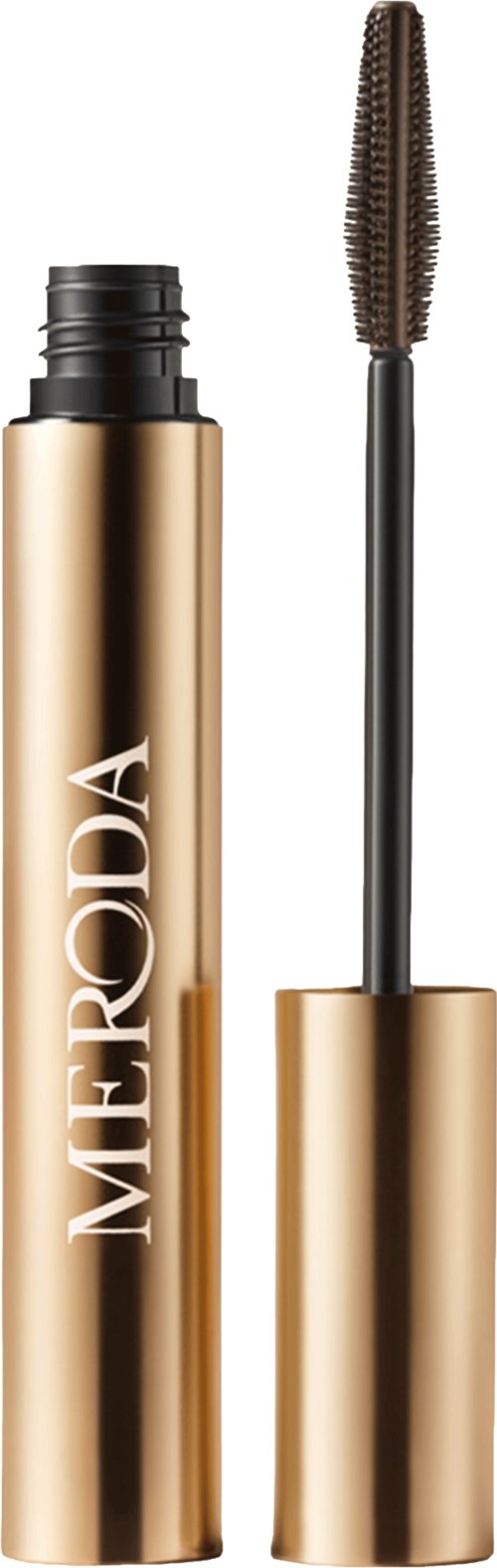 En gullfarget tube med mascara med MerFDA-merke, med børsten trukket ut.