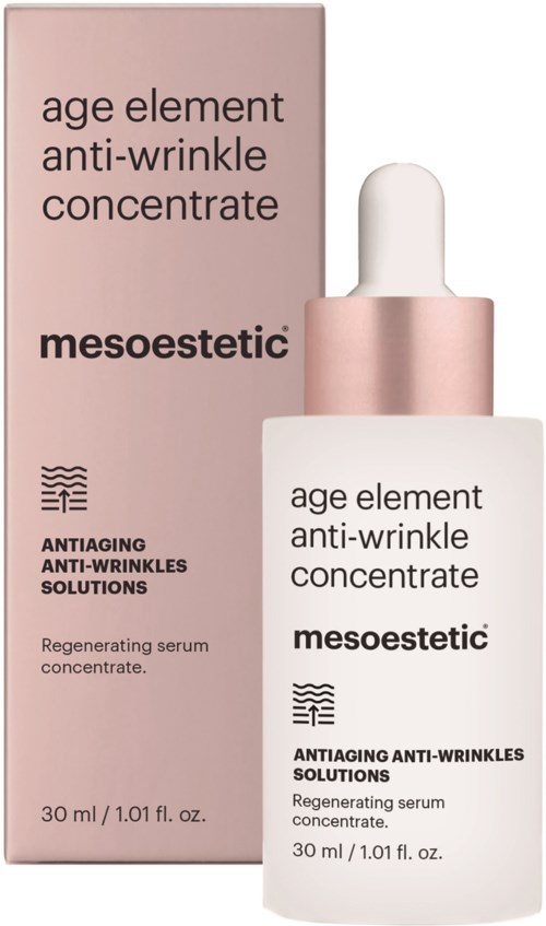 En hudvårdsprodukt med namnet 'age element anti-wrinkle concentrate' i rosa och vit förpackning, en pipettflaska och text.