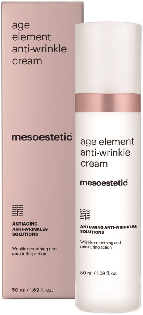 En hudvårdsprodukt kallad 'age element anti-wrinkle cream' från Mesoestetic, i en rosa förpackning och vit flaska.