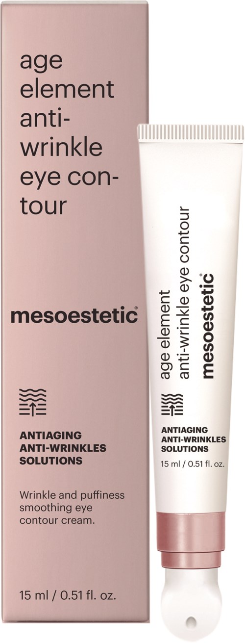 A pink box and white tube of eye cream with black text, focused on anti-wrinkle and puffiness reduction for eyes.