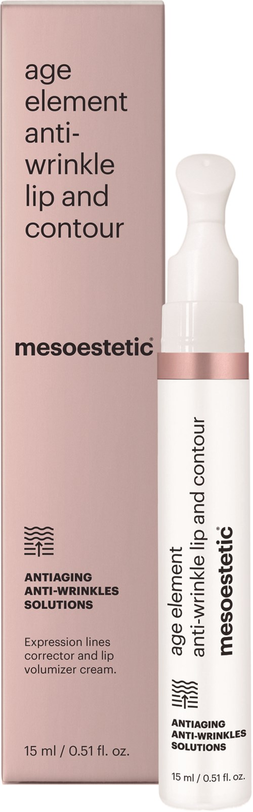 A white tube of anti-wrinkle lip and contour cream with pink accents, placed next to its pink box.