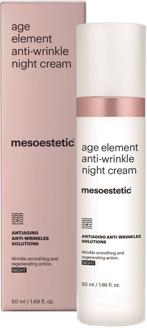 A white bottle and pink box of anti-wrinkle night cream from Mesoestetic. The box has text about anti-aging and regeneration.