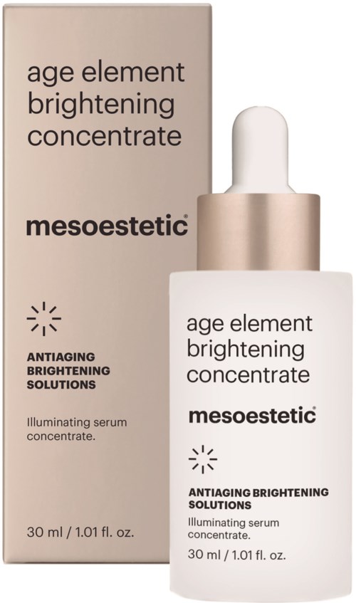 En hudvårdsprodukt vid namn 'Age Element Brightening Concentrate' i en vit flaska med pipett och en beige box.