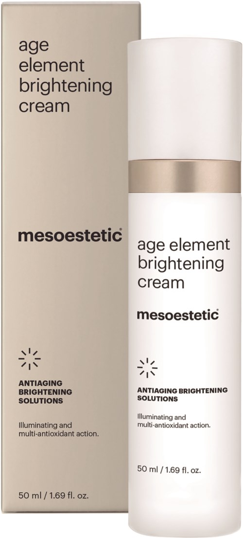 Eine weiße Flasche und eine Verpackung von Age Element Brightening Cream von Mesoestetic für Anti-Aging und Hautaufhellung.