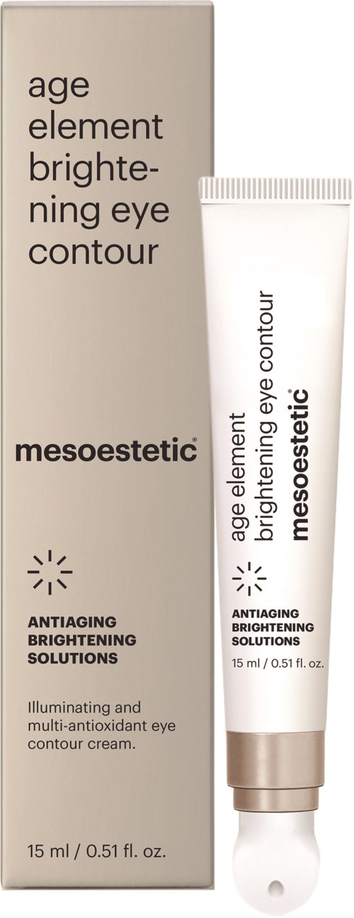 Ein Hautpflegeprodukt namens Mesoestetic Age Element Brightening Eye Contour mit Anti-Aging und Aufhellungseigenschaften.
