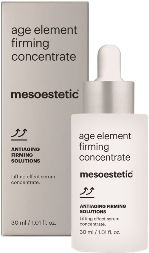 Hautpflegeprodukt namens 'age element' mit Schachtel und Flasche, Schwerpunkt auf Anti-Aging und Straffung in elegantem Design.