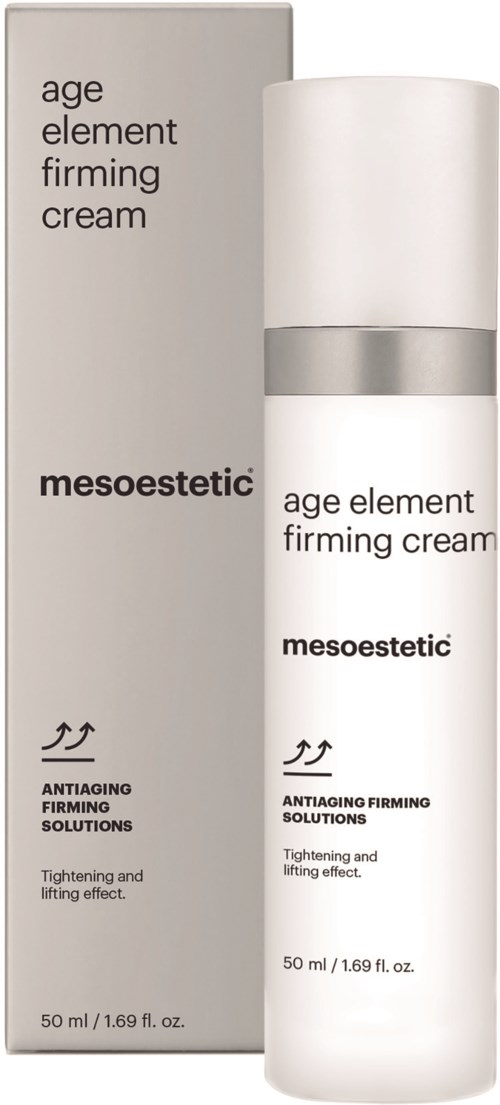 Ein Hautpflegeprodukt namens Mesoestetic Age Element Firming Cream mit einer schlanken weißen Flasche und Box.