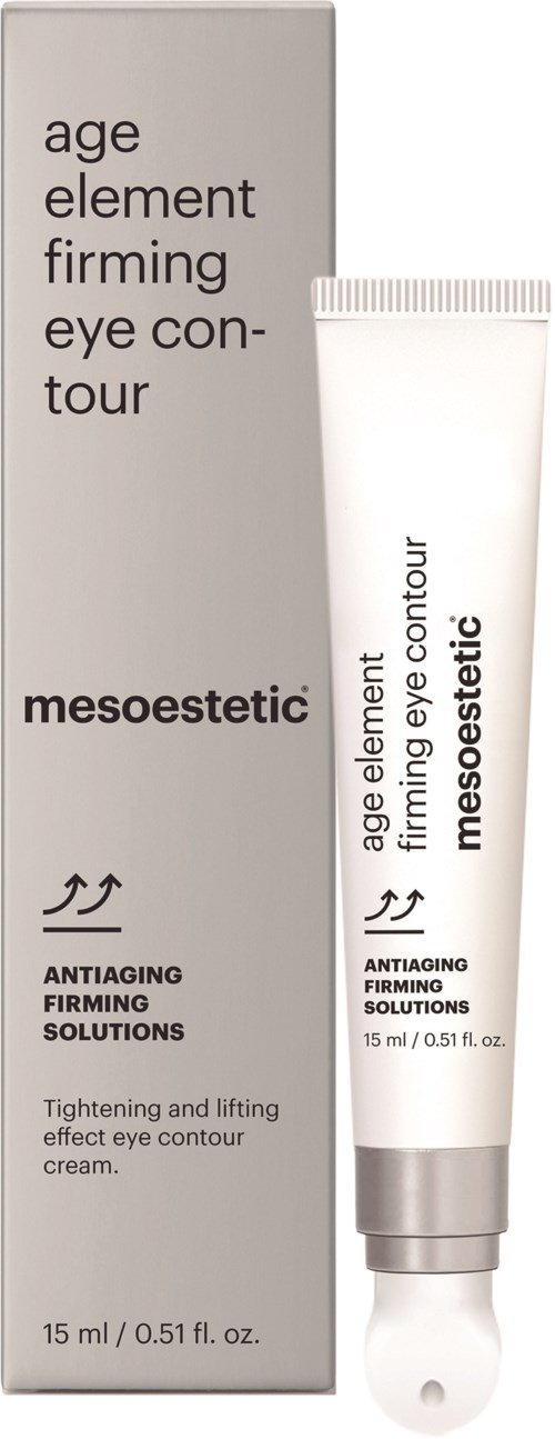 En vit tub och förpackning för ögonkräm, märkta med produktdetaljer och fördelar för lyftning och spänst i ögonområdet.