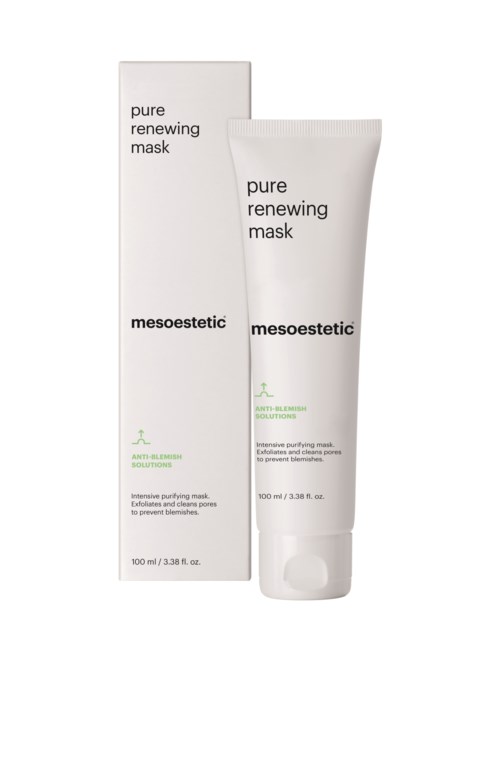 A white tube and box of skincare product called 'Pure Renewing Mask' by Mesoestetic.