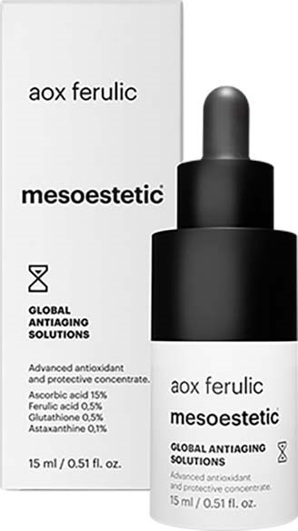 Eine schwarze Pipettenflasche und eine weiße Box mit Text über Anti-Aging-Hautpflegezutaten.