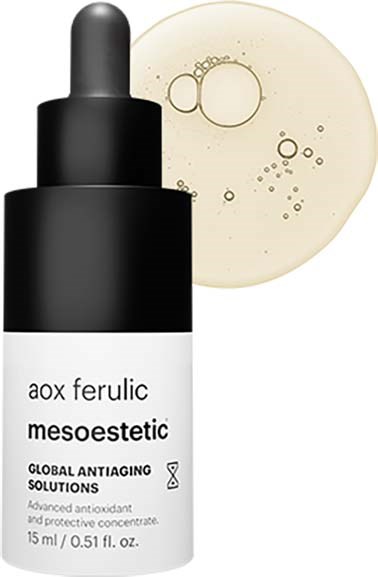 Kleine Flasche Anti-Aging-Serum mit Tropfer, beschriftet 'aox ferulic mesoesthetic,' neben einem gelblichen Flüssigkeitsfleck.