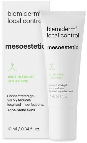 A white tube and box for a skincare gel labeled 'blemiderm' for acne-prone skin, with 'anti-blemish solutions' written on it.