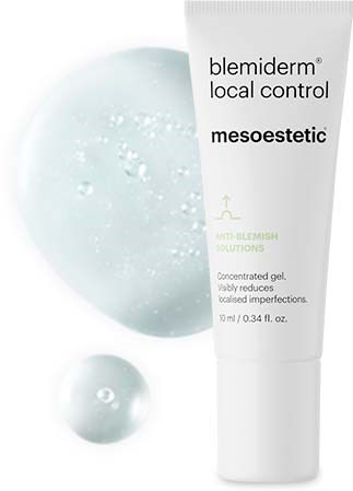 A tube of gel for skin blemish control, showing the product name and description of its purpose.
