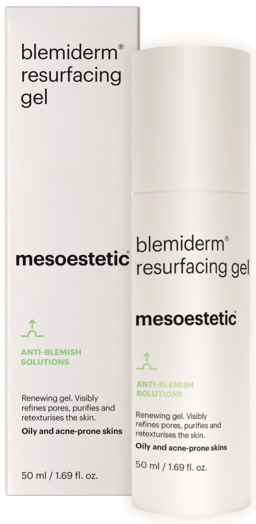 A skincare product with a white bottle and box. It is called Blemiderm Resurfacing Gel for oily, acne-prone skin.