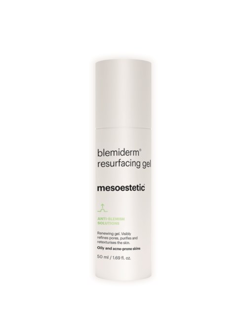 A white bottle of skin gel labeled 'blemiderm resurfacing gel' for acne and oily skin with green text.