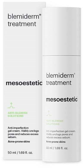 A white bottle and box of blemiderm treatment for acne-prone skin. Contains anti-imperfection gel-cream and solutions.