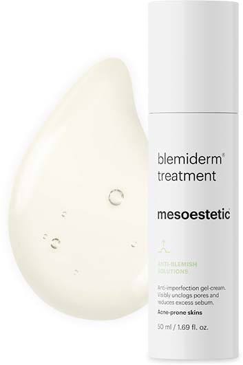 A white bottle labeled 'blemiderm treatment mesoestetic' next to a dollop of cream on a white background.