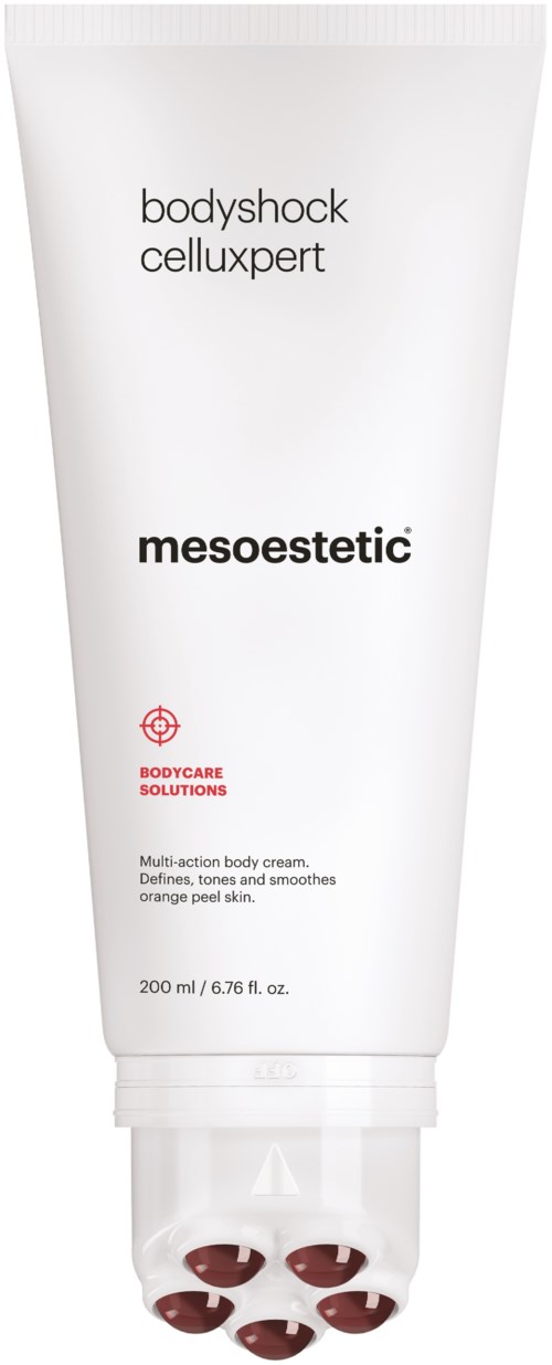 A white tube of body cream with black and red text, labeled as "bodyshock celluxpert" and "mesoestetic".