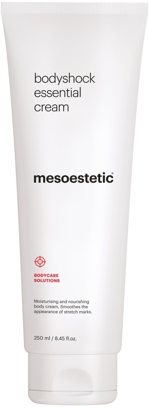 En vit tub märkt "Bodyshock Essential Cream" av Mesoestetic, avsedd för att återfukta och ge näring åt huden.