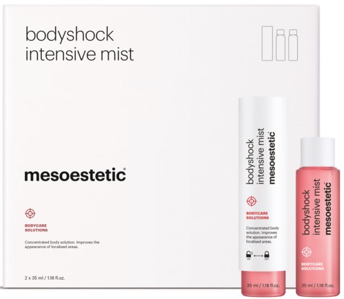 Box with bodyshock intensive mist and a small pink bottle. Describes body care solution for localized areas.