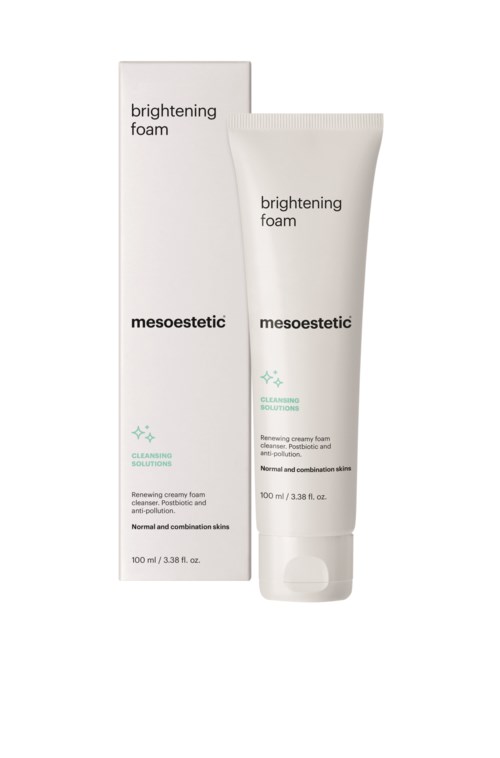 A tube and box of brightening foam skincare product for normal and combination skin. The brand name is Mesoesthetic.