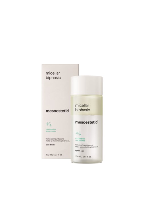 Ein Hautpflegeprodukt namens "mioseesthetic" in einer weißen Flasche mit grünem Etikett, neben seiner Schachtel. Für Gesicht und Lippen.