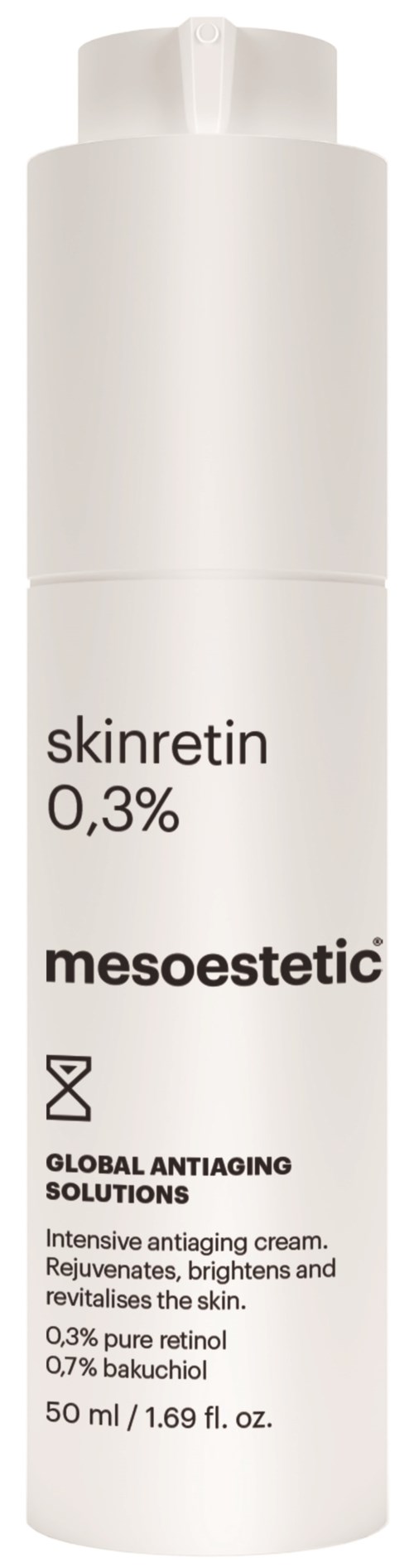 A white bottle labeled "skinretn 0.3%" contains a skincare product from Mesoestetic for anti-aging and skin brightening.