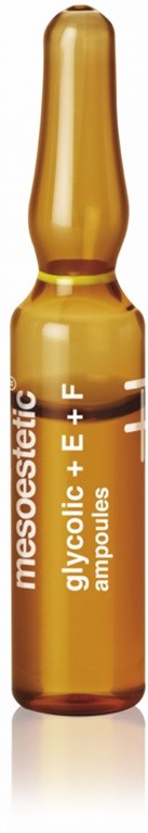 A small brown glass ampoule with white text, labeled 'glycolic + L F ampoules', holding a skincare product.