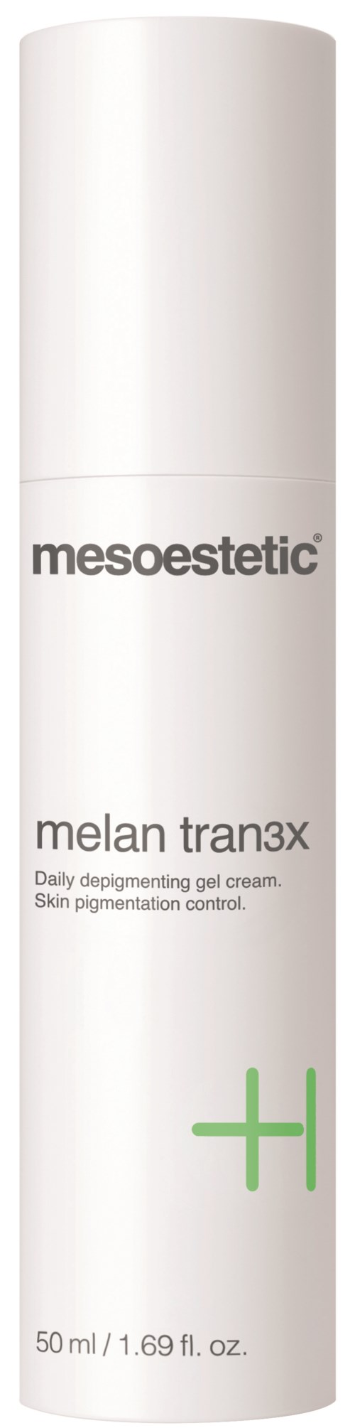 Eine weiße zylindrische Flasche mit der Bezeichnung "Mesoestetic Melan Tran3X," für Hautpigmentierung, 50 ml.