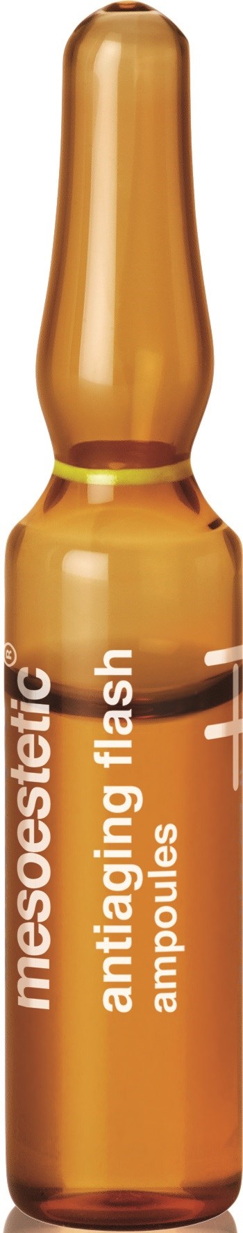 Kleine bernsteinfarbene Glasampulle mit der Aufschrift 'mesoestetic antiaging flash ampoules' für Hautpflege.