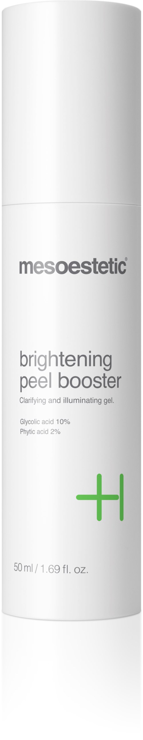 A white bottle labeled 'mesoestetic brightening peel booster' with a green plus sign, 50 ml capacity.