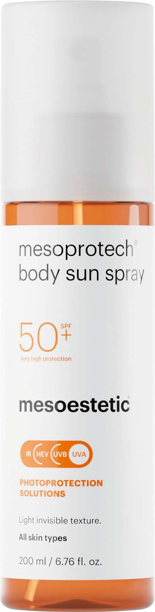 A white and orange sun spray bottle labeled 'mesoprotech body sun spray' with SPF 50+ for skin protection.