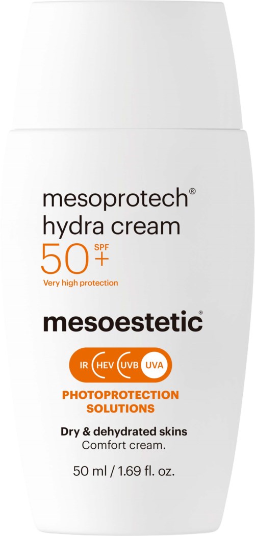En vit flaska märkt 'mesoprotech hydra cream' med SPF 50+ för mycket högt solskydd, avsedd för torr och uttorkad hud.