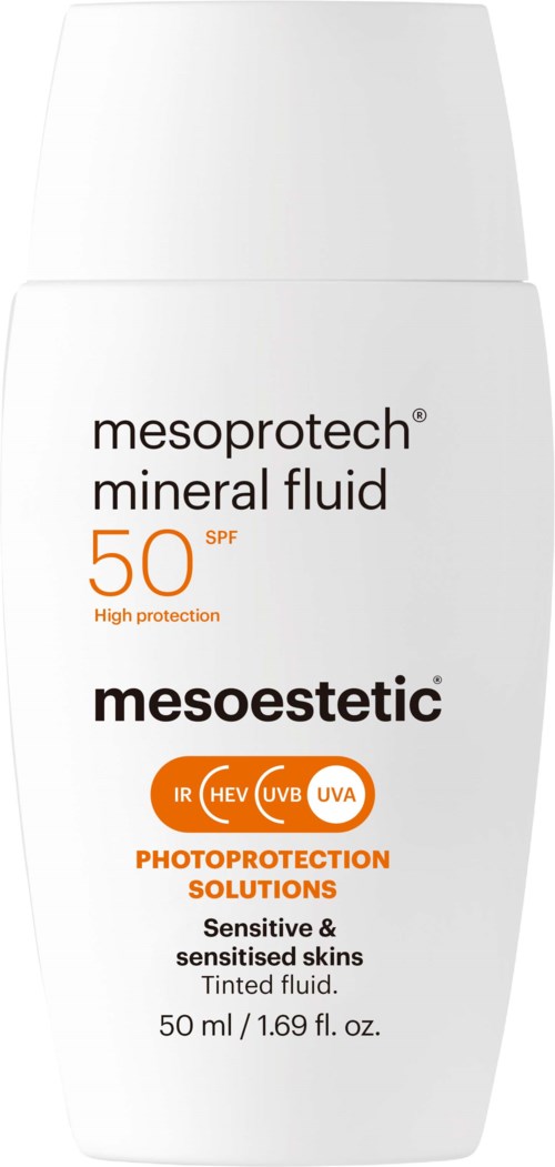 A white bottle labeled 'mesoprotech mineral fluid SPF 50' with protection info for sensitive skin. It is a tinted fluid.