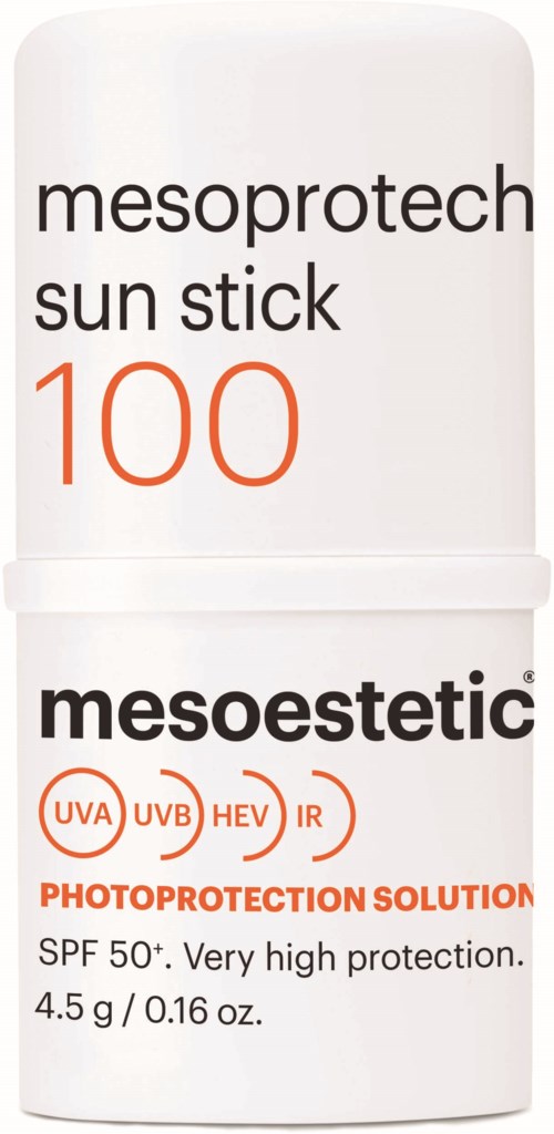 A white sun stick sunscreen with SPF 50+ from mesoestetic, labeled as protecting against UVA, UVB, HEV, and IR rays.