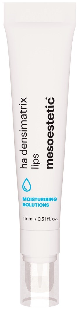 A white tube labeled 'mesoestetic', contains moisturizing solution, meant for lips with a capacity of 15 ml.