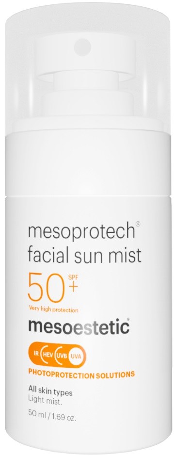 A white bottle of facial sun mist with SPF 50+, labeled Mesoprotech, for all skin types, light texture, 50 ml.