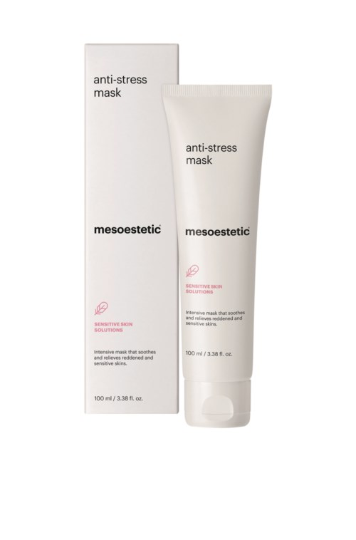 Eine Tube Anti-Stress-Maske mit Verpackung, zeigt Produktname und Beschreibung, für beruhigende Haut.