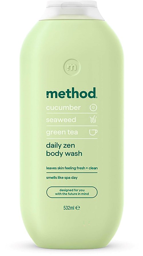 Ljusrödgrön flaska av Method daily zen kroppstvål med doft och ingredienser av gurka, tång och grönt te.