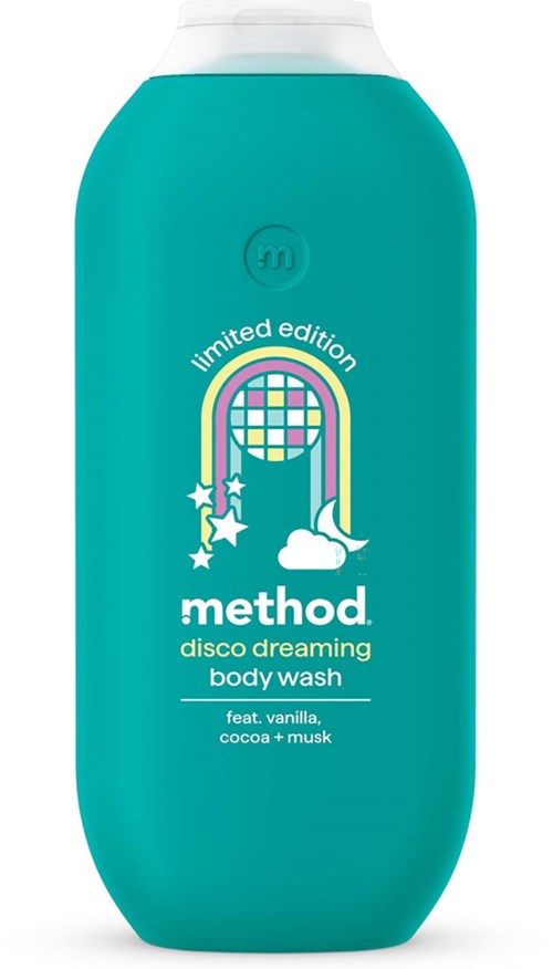 Method disco dreaming body wash i en blågrön flaska med limitiert upplaga och färgglad design.